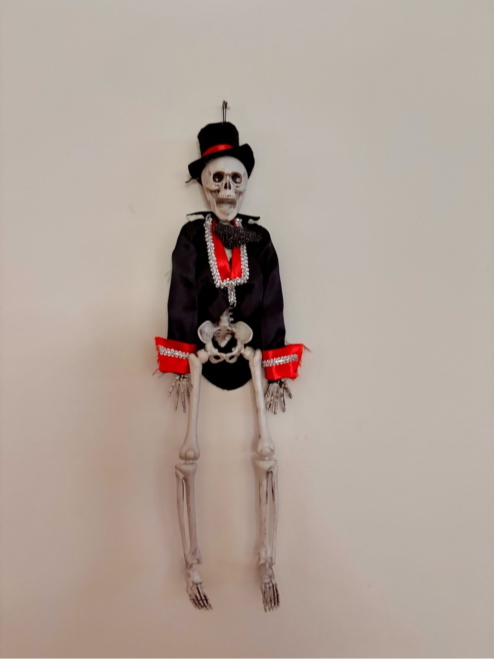 Halloween Circus Master Skeleton with Black Top Hat and Red Trim Hanging Decor
